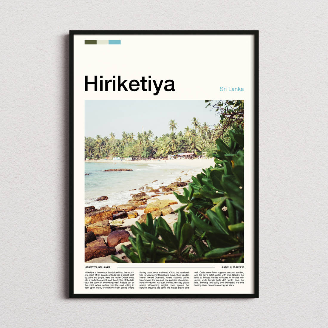 Hiriketiya Palm-Fringed Bay Travel Print framed and photographed straight on