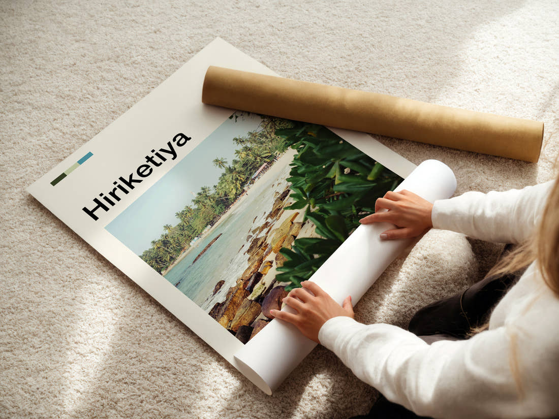 Hiriketiya Palm-Fringed Bay Travel Print being unrolled from its postal tube