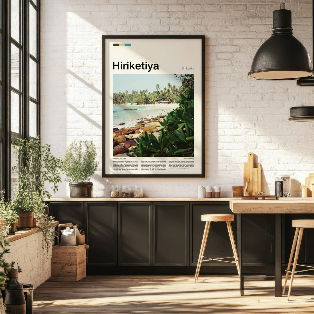 Hiriketiya Palm-Fringed Bay Travel Print framed on the wall of a bright kitchen and dining space