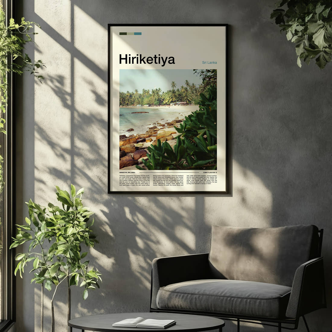 Hiriketiya Palm-Fringed Bay Travel Print framed on the wall of a relaxed living room