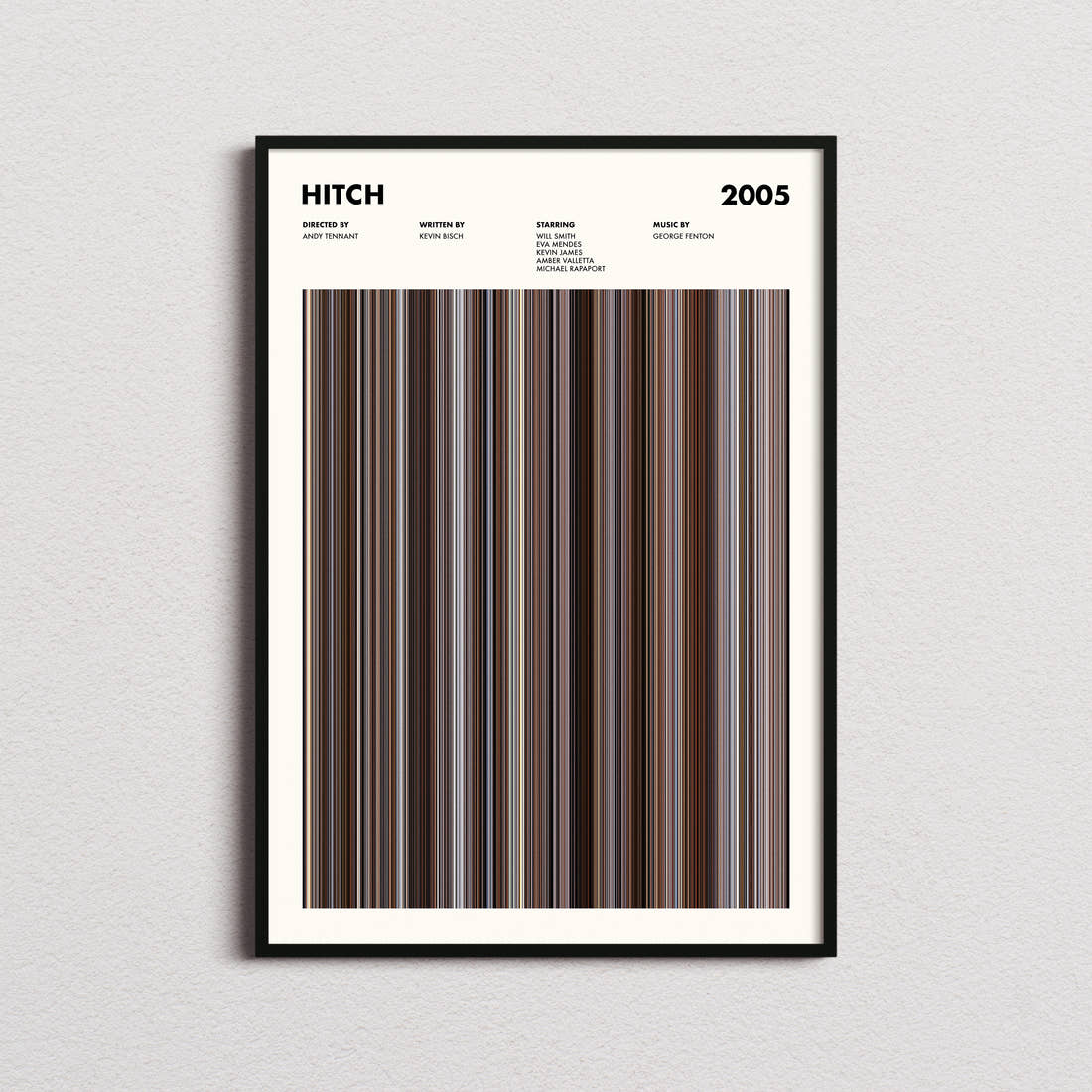 Hitch Movie Barcode Poster framed on a plain studio wall