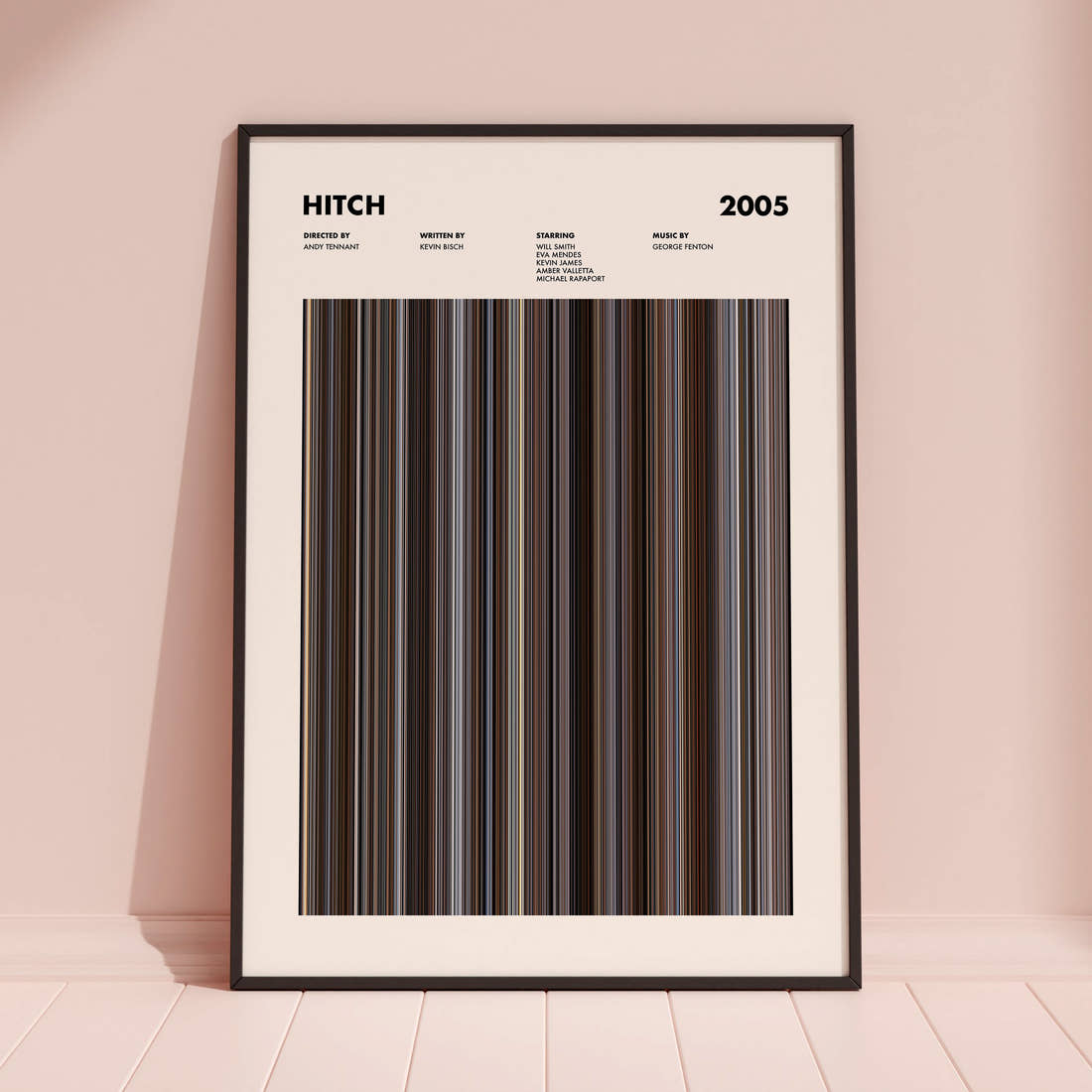 Hitch Movie Barcode Poster framed and leaning against a coloured wall