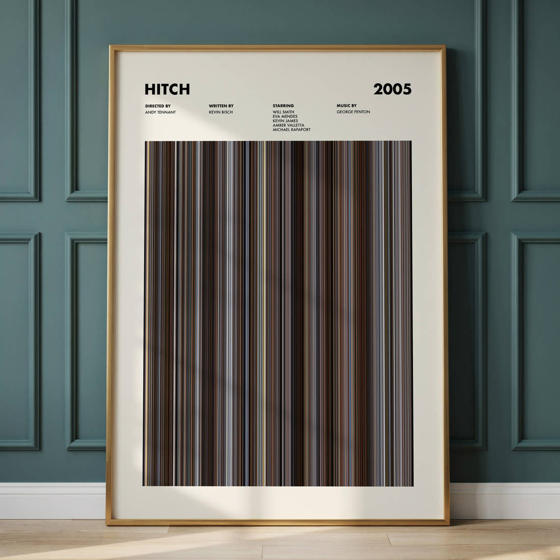Hitch Movie Barcode Poster framed and leaning against a panelled wall