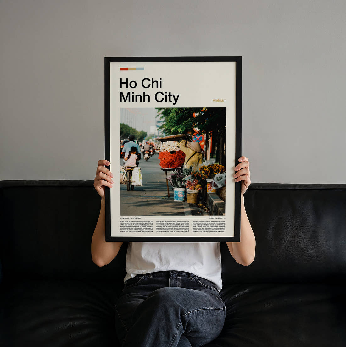 Ho Chi Minh City Flower Stall On The Street Travel Print held up by hand to show the size of the print