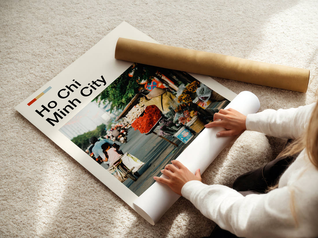 Ho Chi Minh City Flower Stall On The Street Travel Print being unrolled from its postal tube