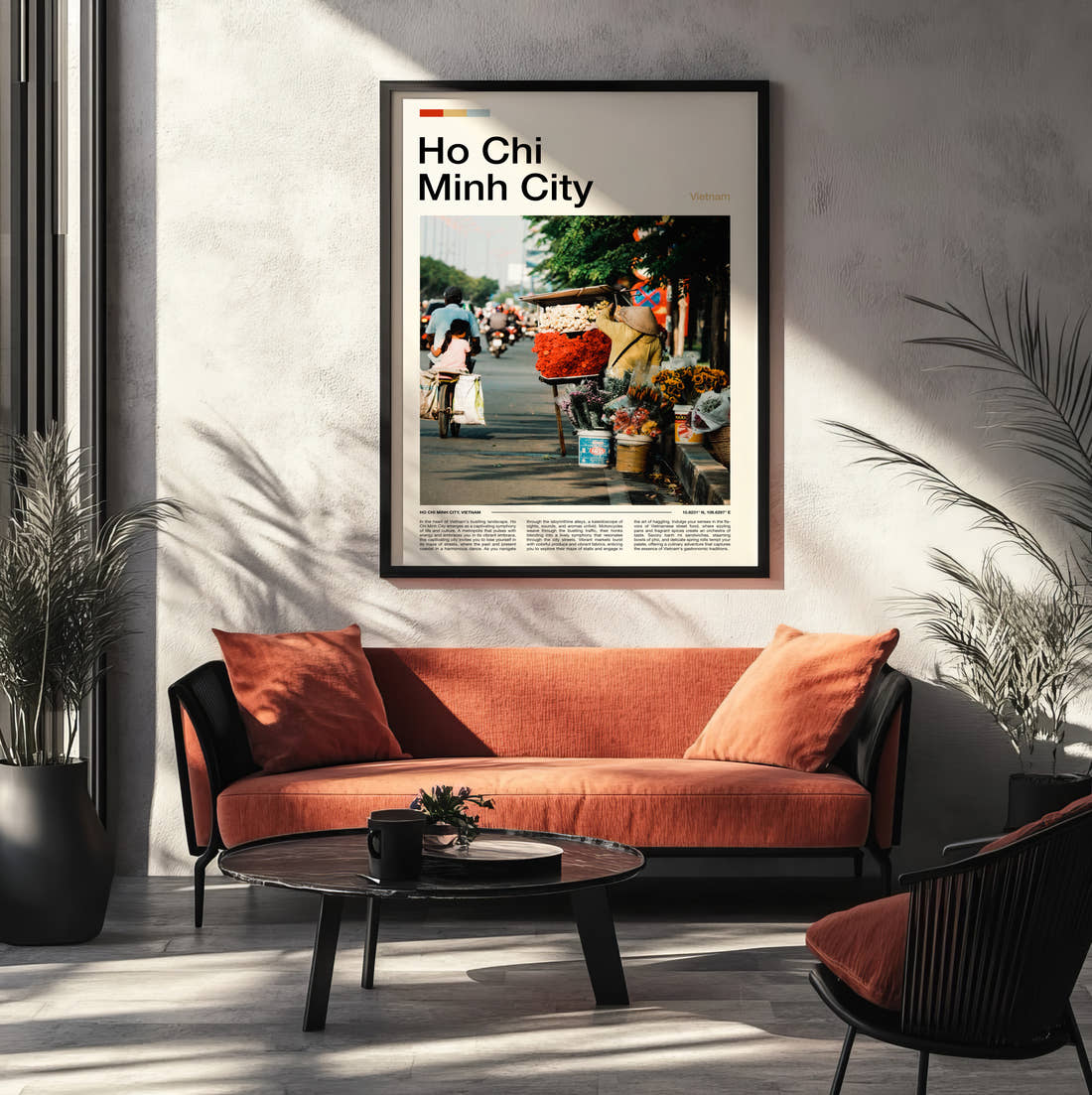 Ho Chi Minh City Flower Stall On The Street Travel Print framed on the wall of a modern living room