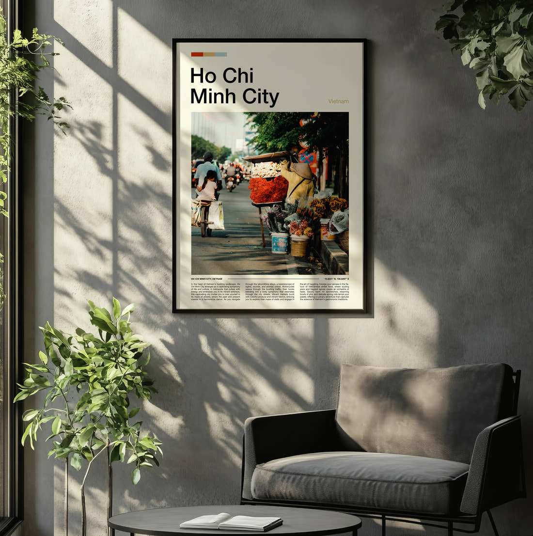 Ho Chi Minh City Flower Stall On The Street Travel Print framed on the wall of a relaxed living room