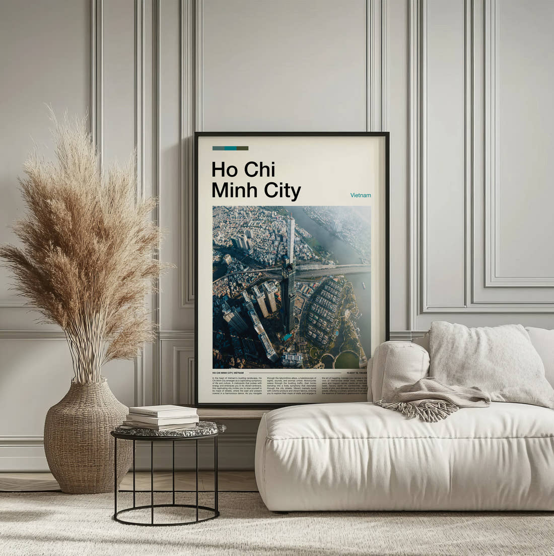 Ho Chi Minh City Aerial View Of The City Travel Print framed on the wall of a calm, neutral bedroom