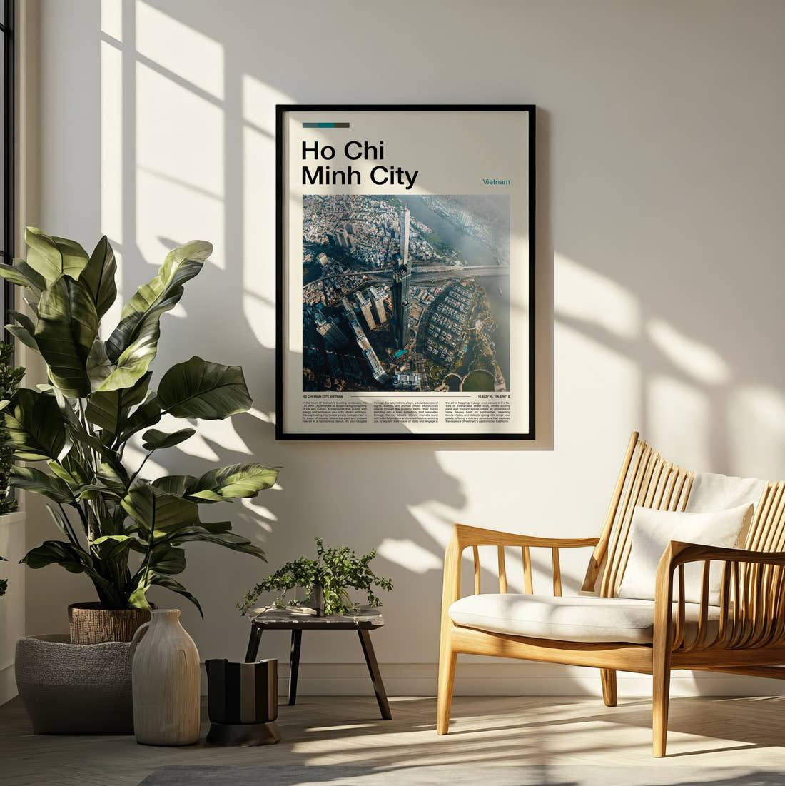 Ho Chi Minh City Aerial View Of The City Travel Print framed on a pale wall beside houseplants