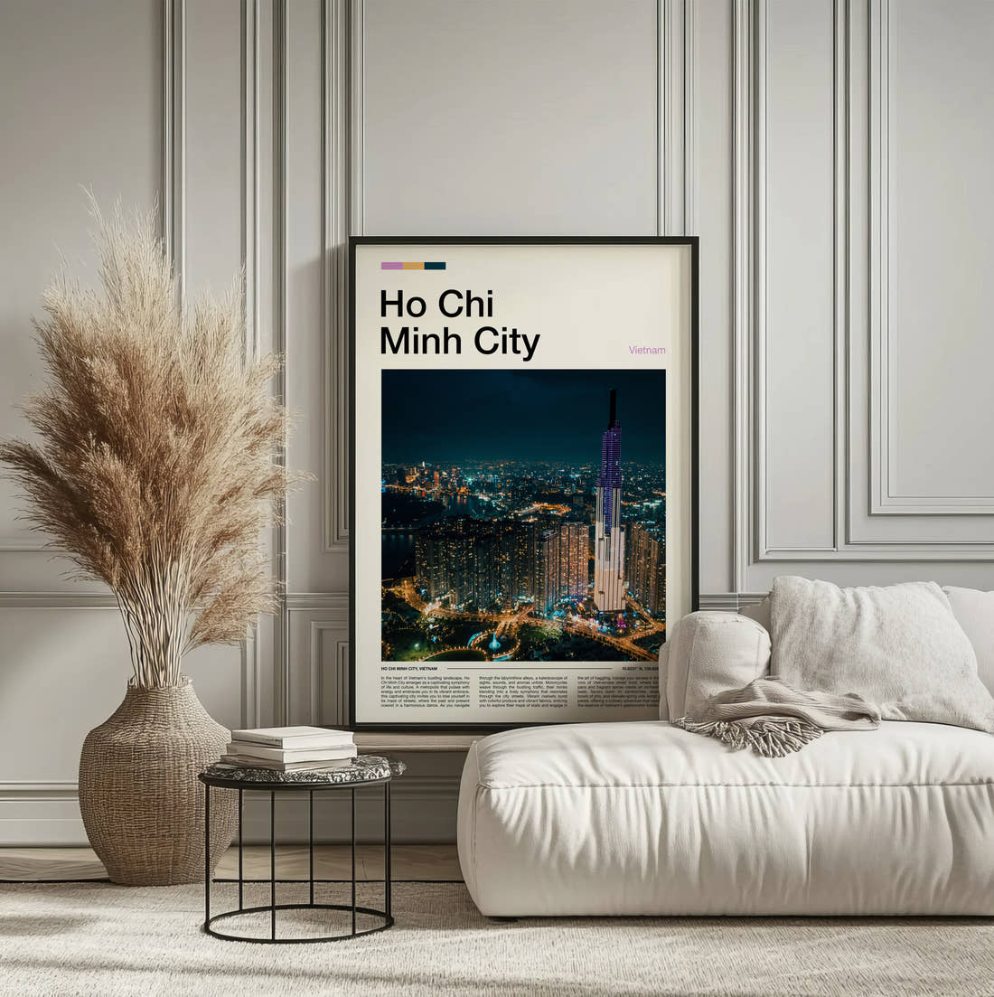 Ho Chi Minh City Night Skyline Travel Print framed on the wall of a calm, neutral bedroom