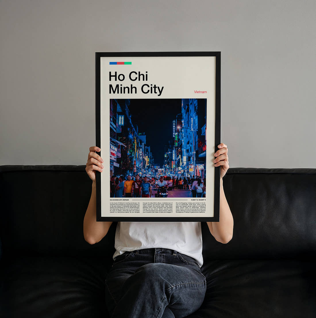 Ho Chi Minh City Neon Street At Night Travel Print held up by hand to show the size of the print
