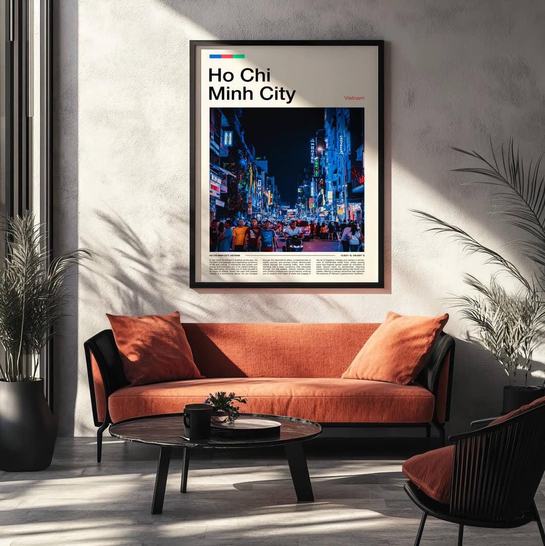 Ho Chi Minh City Neon Street At Night Travel Print framed on the wall of a modern living room