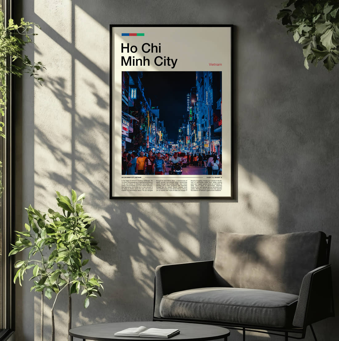 Ho Chi Minh City Neon Street At Night Travel Print framed on the wall of a relaxed living room