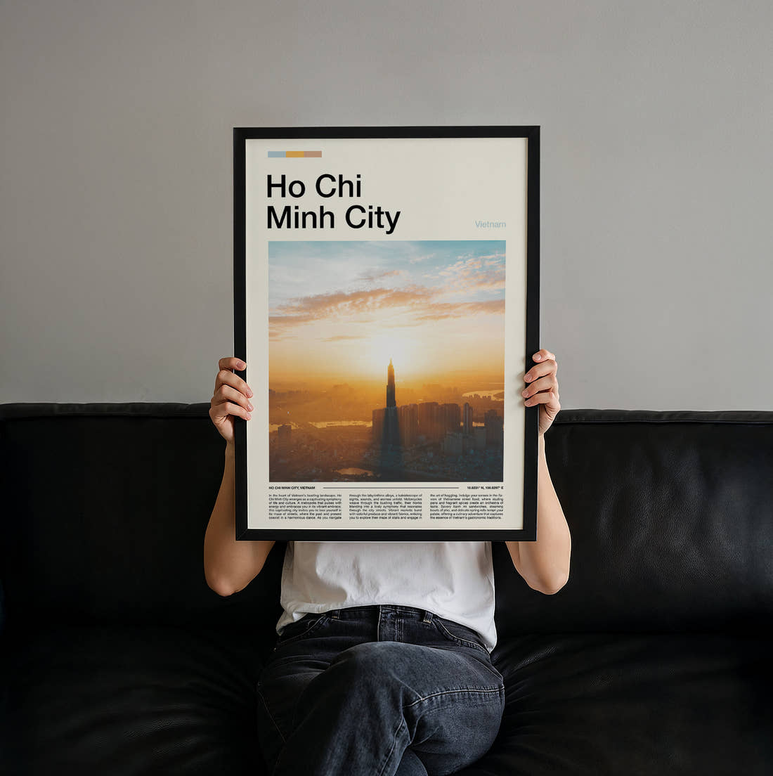 Ho Chi Minh City Sunrise Over Skyline Travel Print held up by hand to show the size of the print