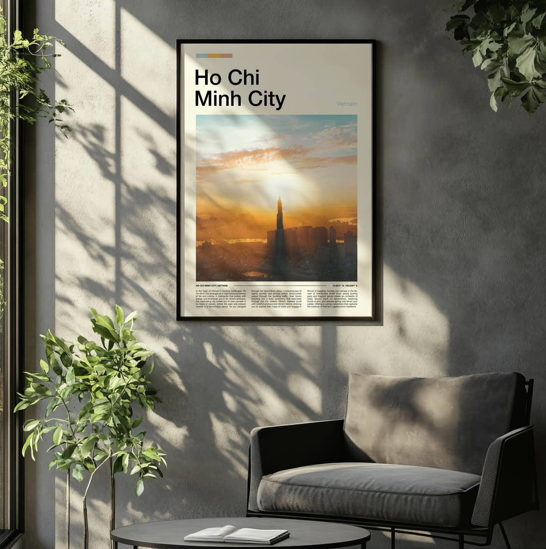 Ho Chi Minh City Sunrise Over Skyline Travel Print framed on the wall of a relaxed living room