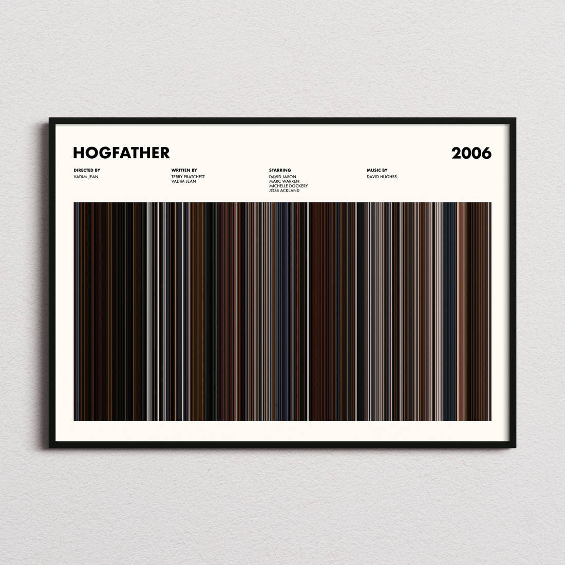 Hogfather Movie Barcode Poster framed and photographed straight on