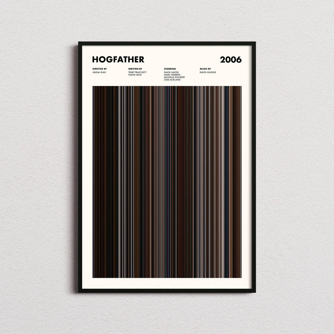 Hogfather Movie Barcode Poster framed on a plain studio wall