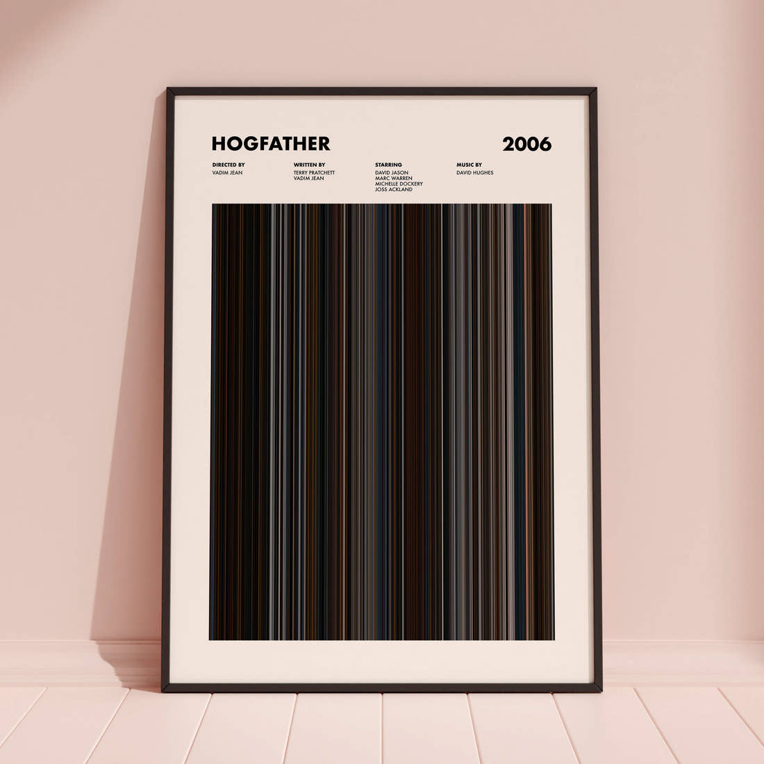 Hogfather Movie Barcode Poster framed and leaning against a coloured wall