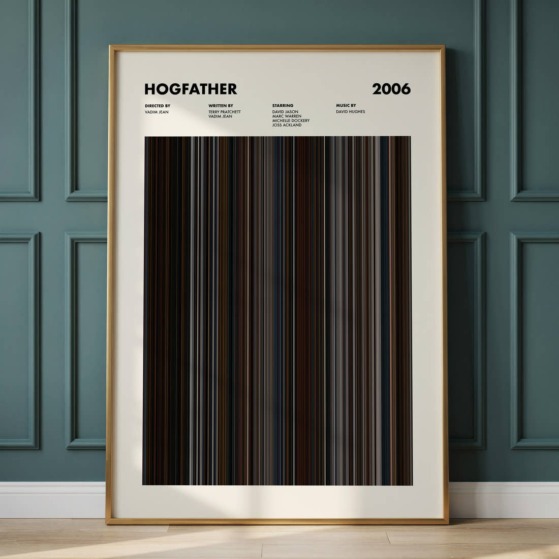 Hogfather Movie Barcode Poster framed and leaning against a panelled wall