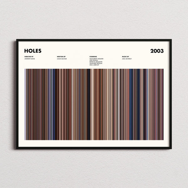 Holes Movie Barcode Poster framed and photographed straight on