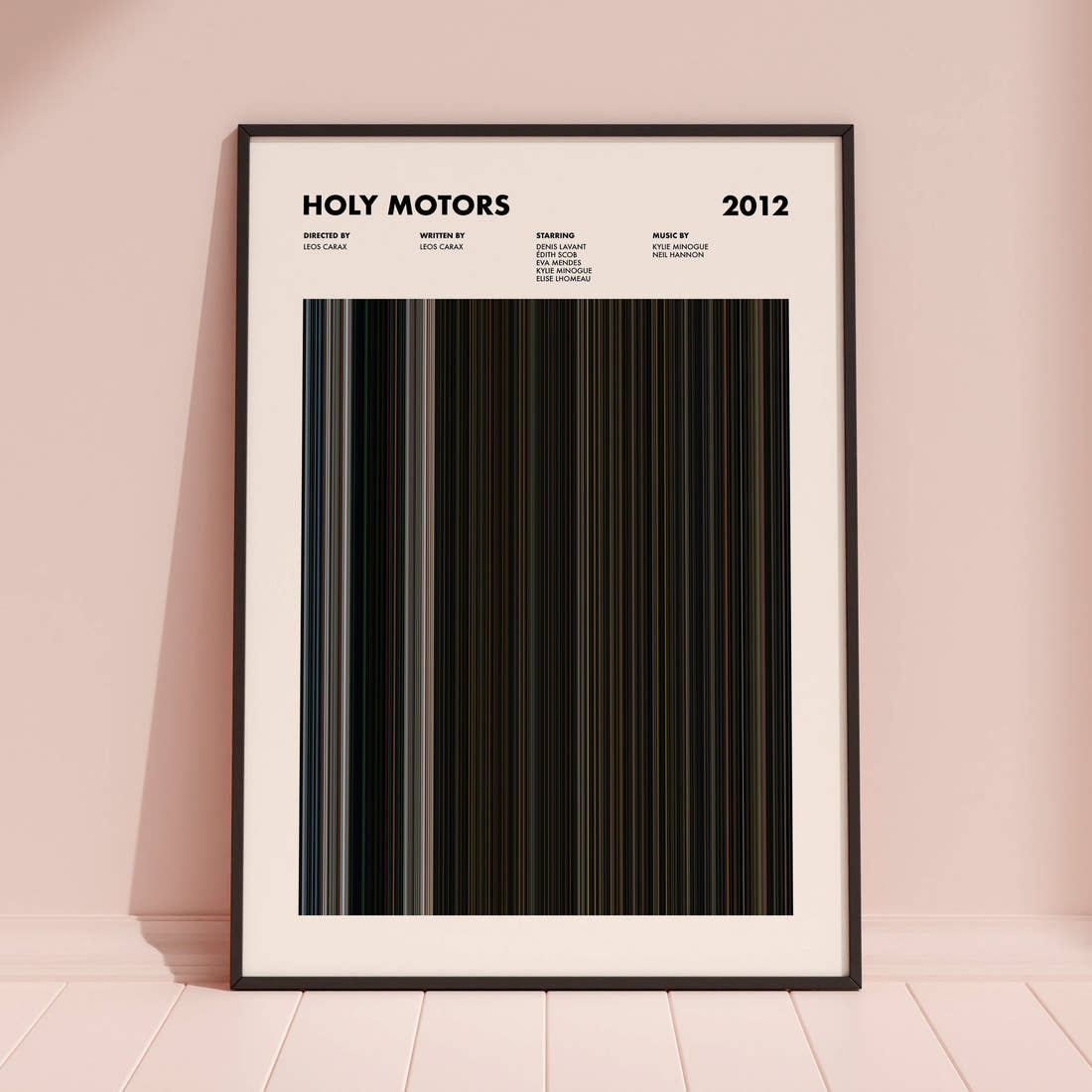 Holy Motors Movie Barcode Poster framed and leaning against a coloured wall