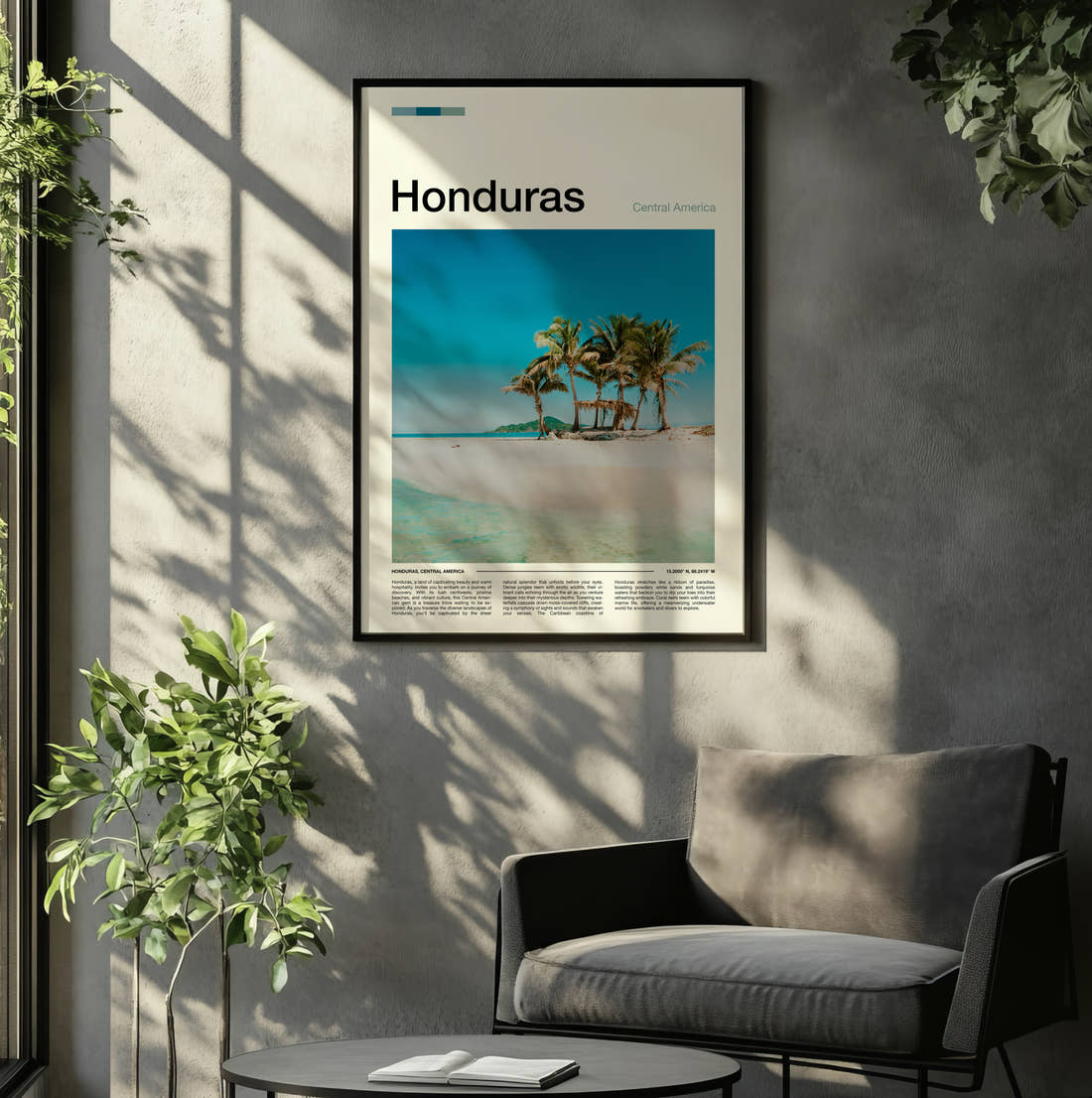 Honduras Palm Trees On The Beach Travel Print framed on the wall of a relaxed living room
