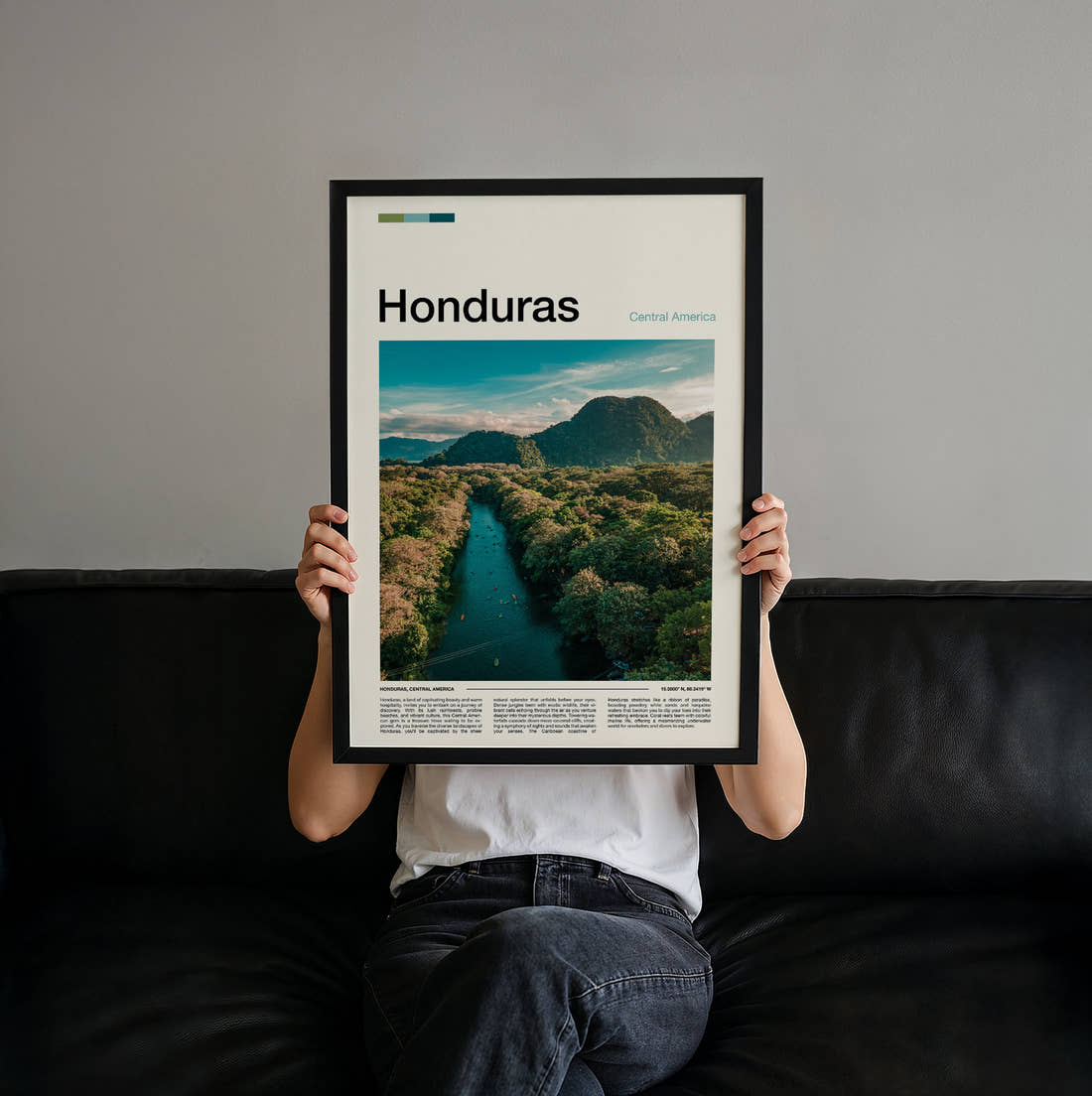 Honduras River Through Jungle Travel Print held up by hand to show the size of the print
