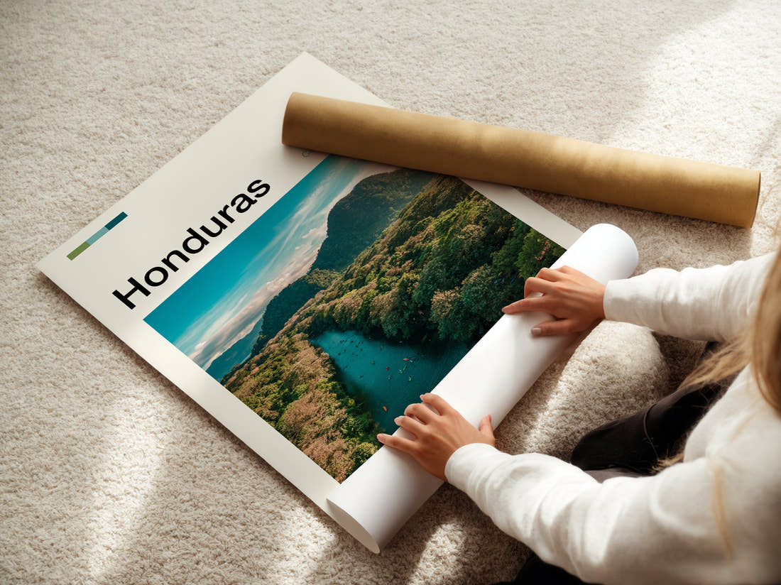 Honduras River Through Jungle Travel Print being unrolled from its postal tube
