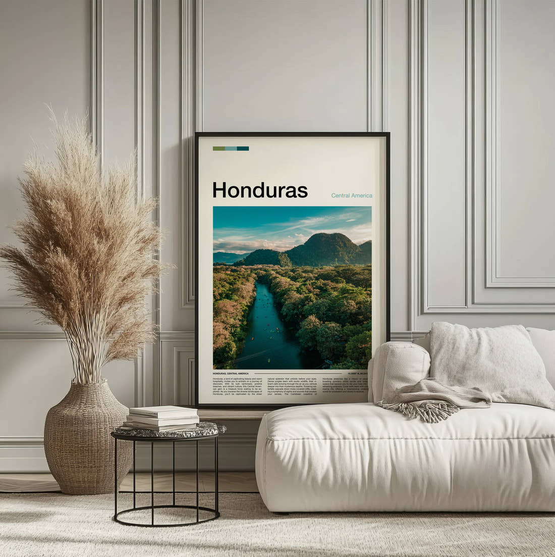 Honduras River Through Jungle Travel Print framed on the wall of a calm, neutral bedroom