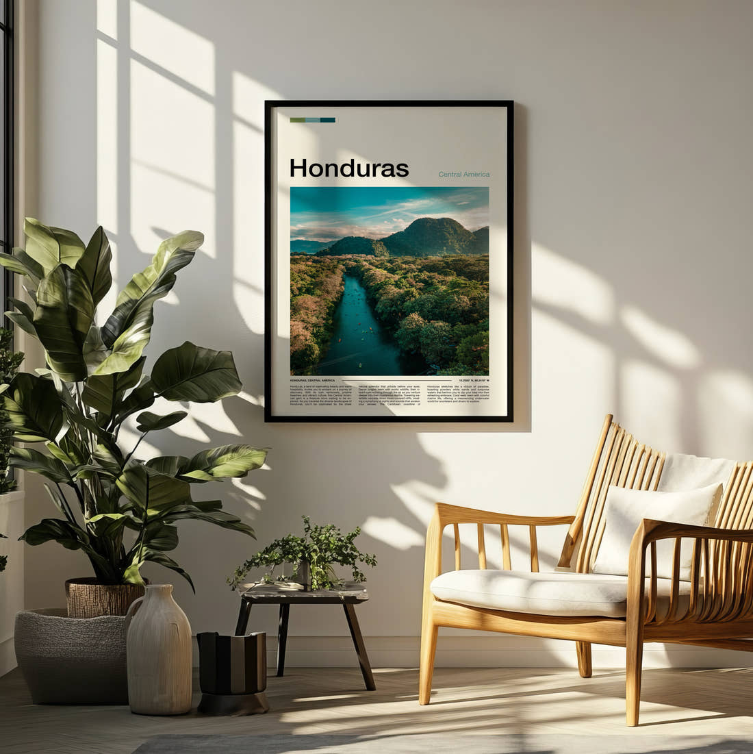 Honduras River Through Jungle Travel Print framed on a pale wall beside houseplants