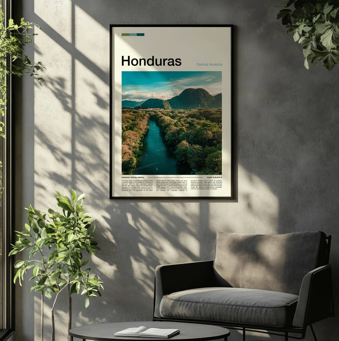 Honduras River Through Jungle Travel Print framed on the wall of a relaxed living room