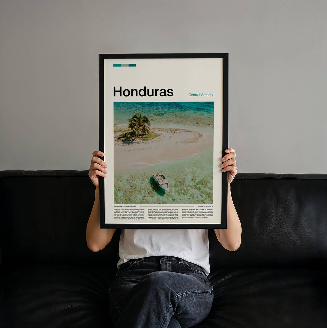 Honduras Sandbank With Palm Tree Travel Print held up by hand to show the size of the print