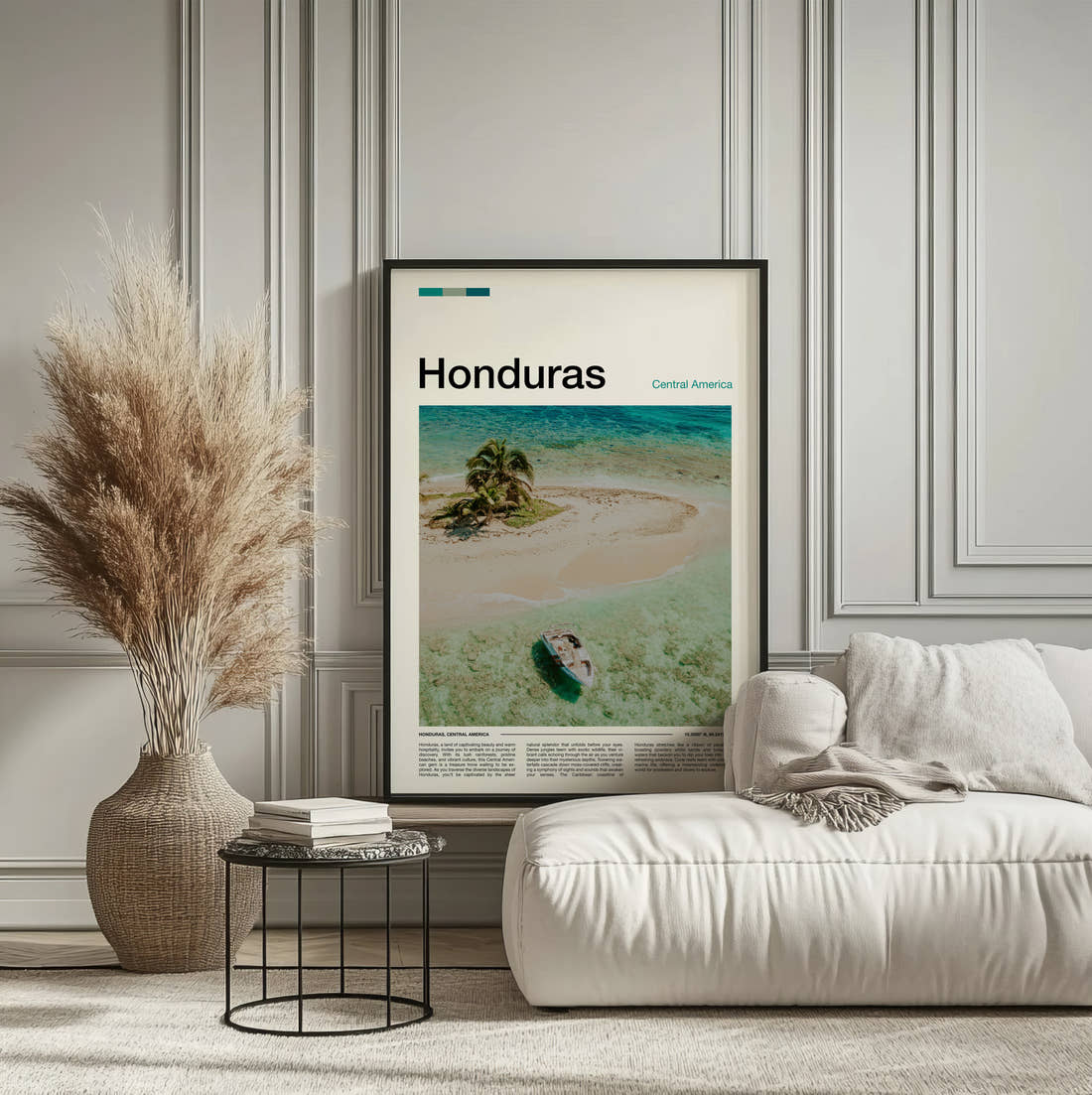 Honduras Sandbank With Palm Tree Travel Print framed on the wall of a calm, neutral bedroom