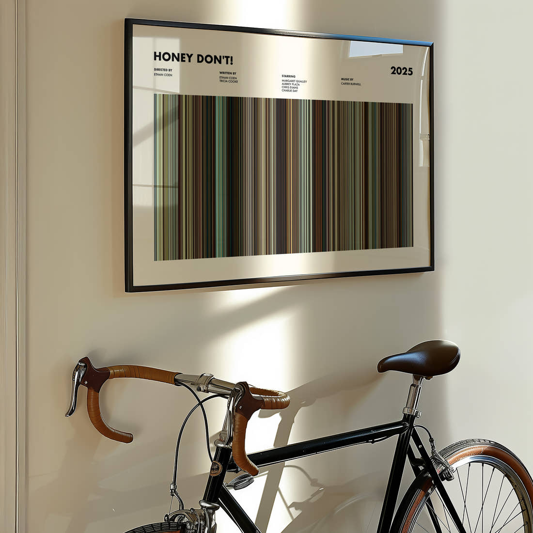 Honey Don't! Movie Barcode Poster framed on the wall of a styled room setting