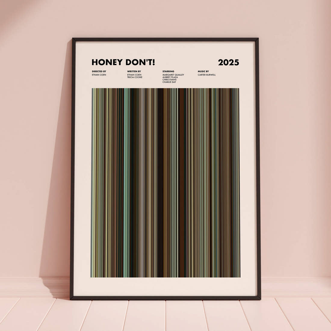 Honey Don't! Movie Barcode Poster framed and leaning against a coloured wall