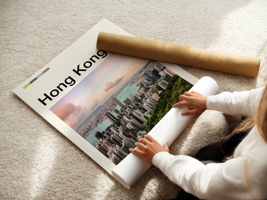 Hong Kong Victoria Harbour Travel Print being unrolled from its postal tube