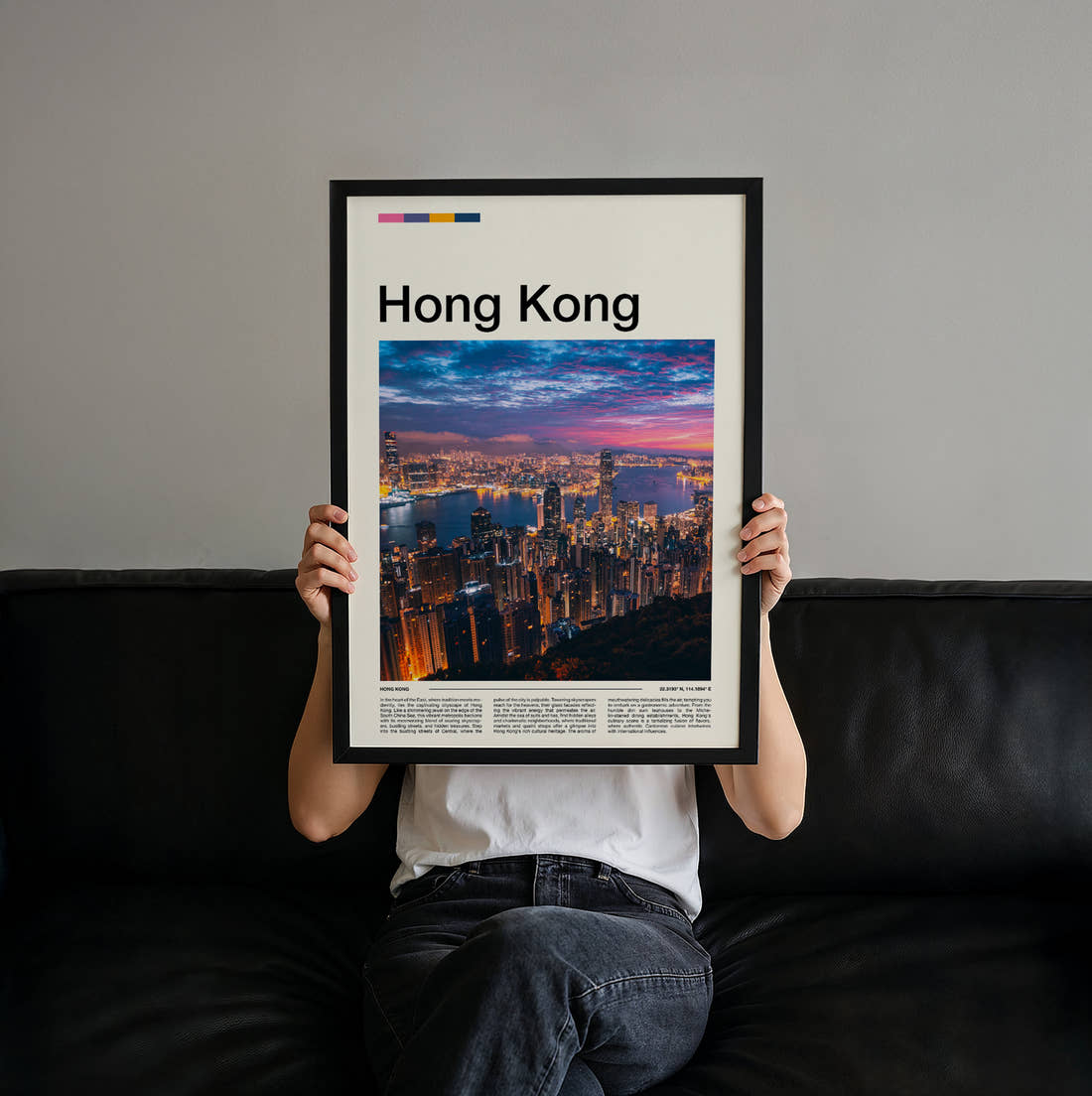 Hong Kong Victoria Harbour At Night Travel Print held up by hand to show the size of the print