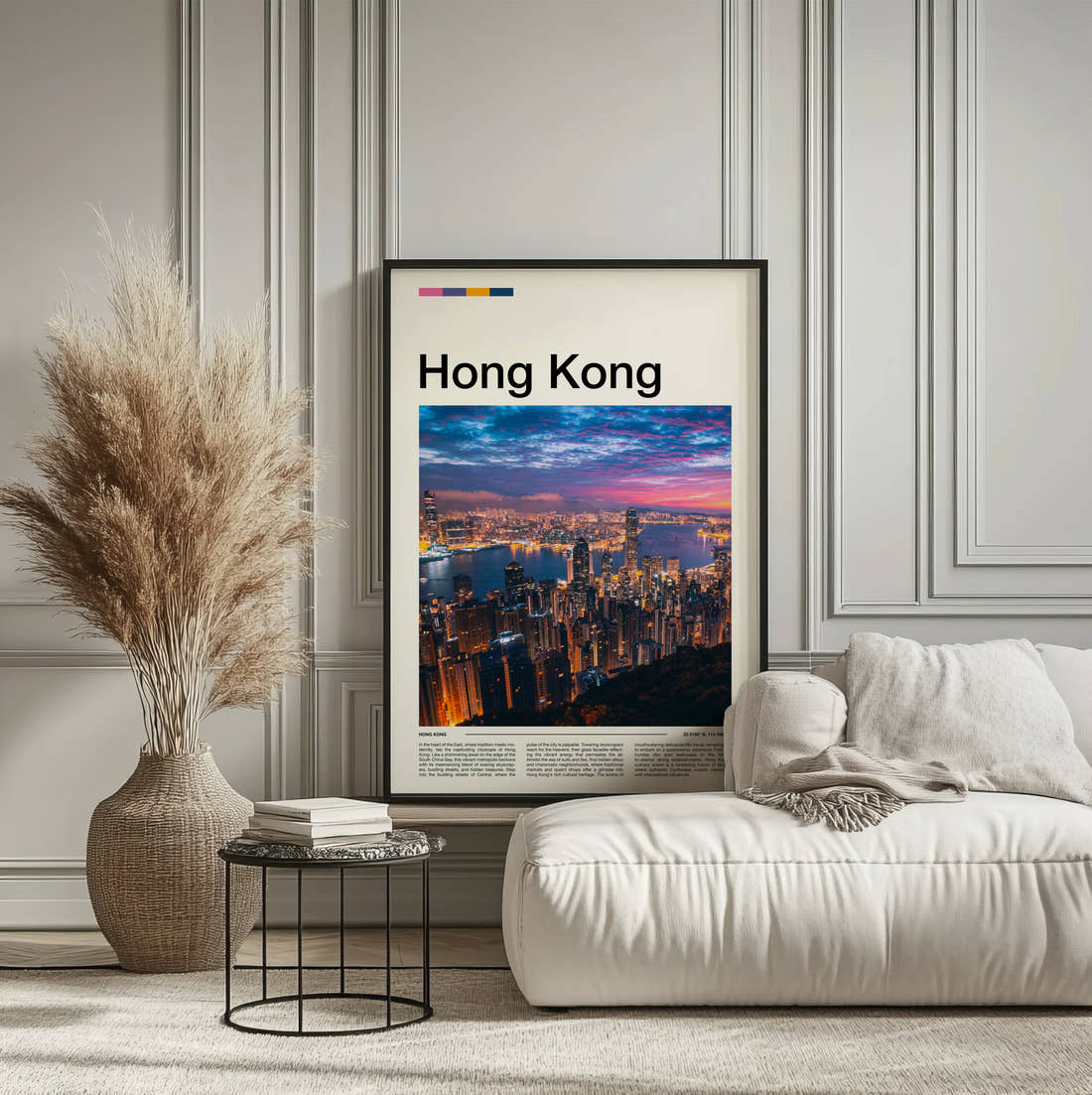 Hong Kong Victoria Harbour At Night Travel Print framed on the wall of a calm, neutral bedroom