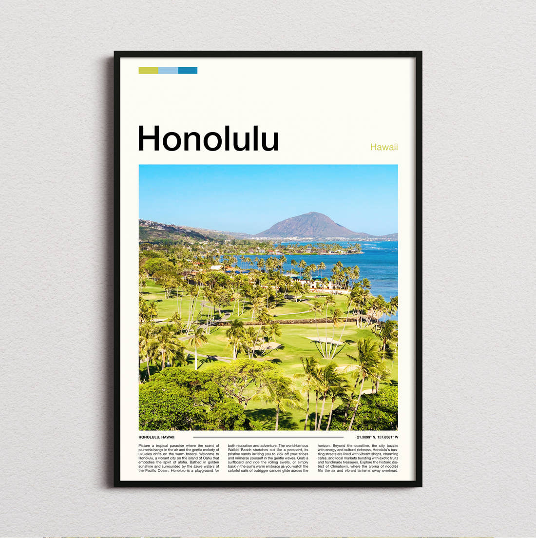 Honolulu Koko Head Crater Travel Print framed and photographed straight on