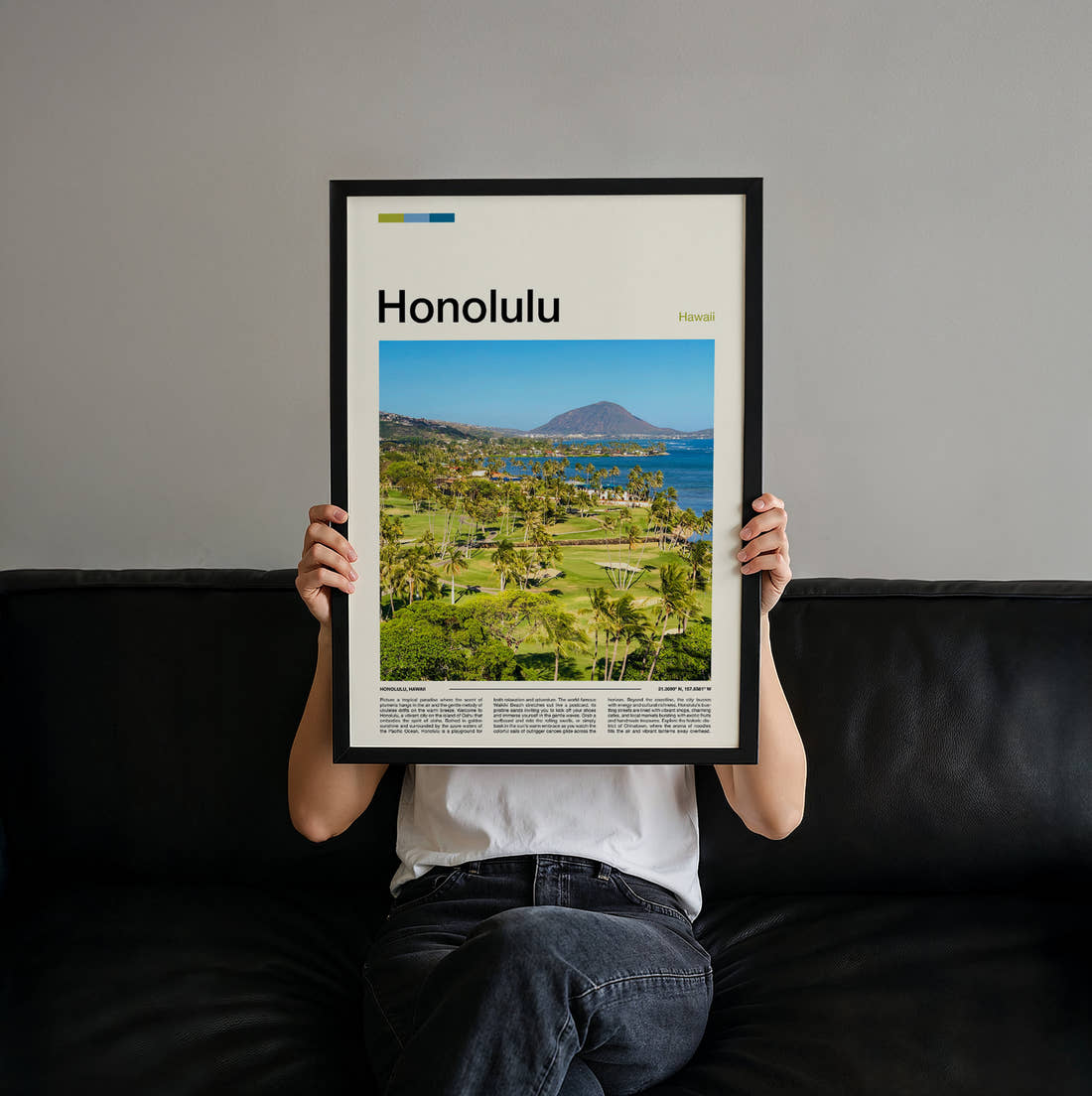 Honolulu Koko Head Crater Travel Print held up by hand to show the size of the print