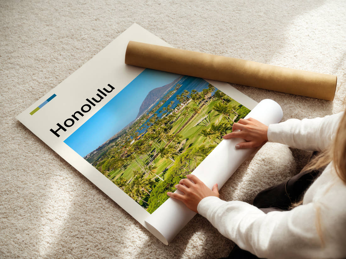 Honolulu Koko Head Crater Travel Print being unrolled from its postal tube