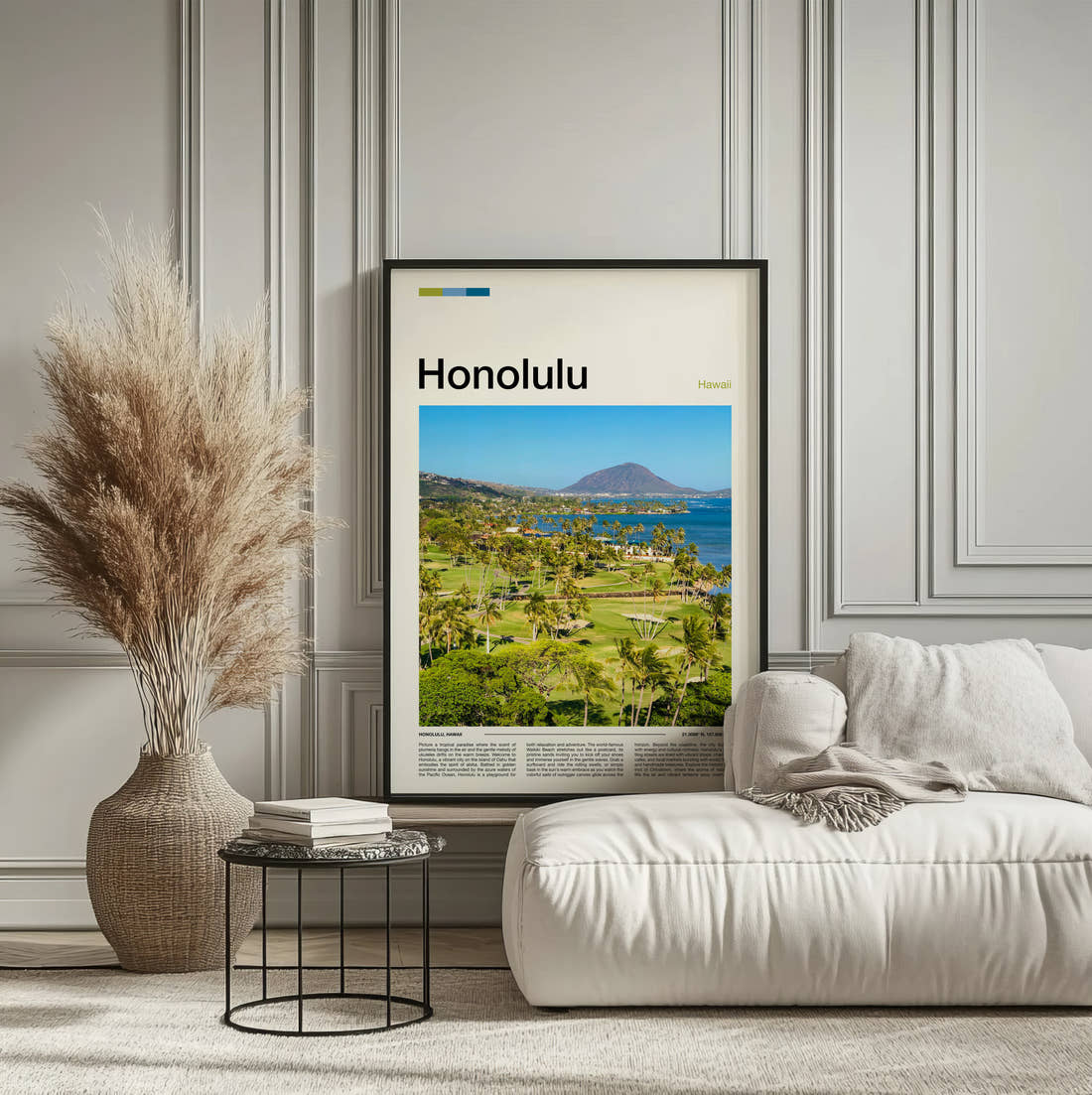 Honolulu Koko Head Crater Travel Print framed on the wall of a calm, neutral bedroom