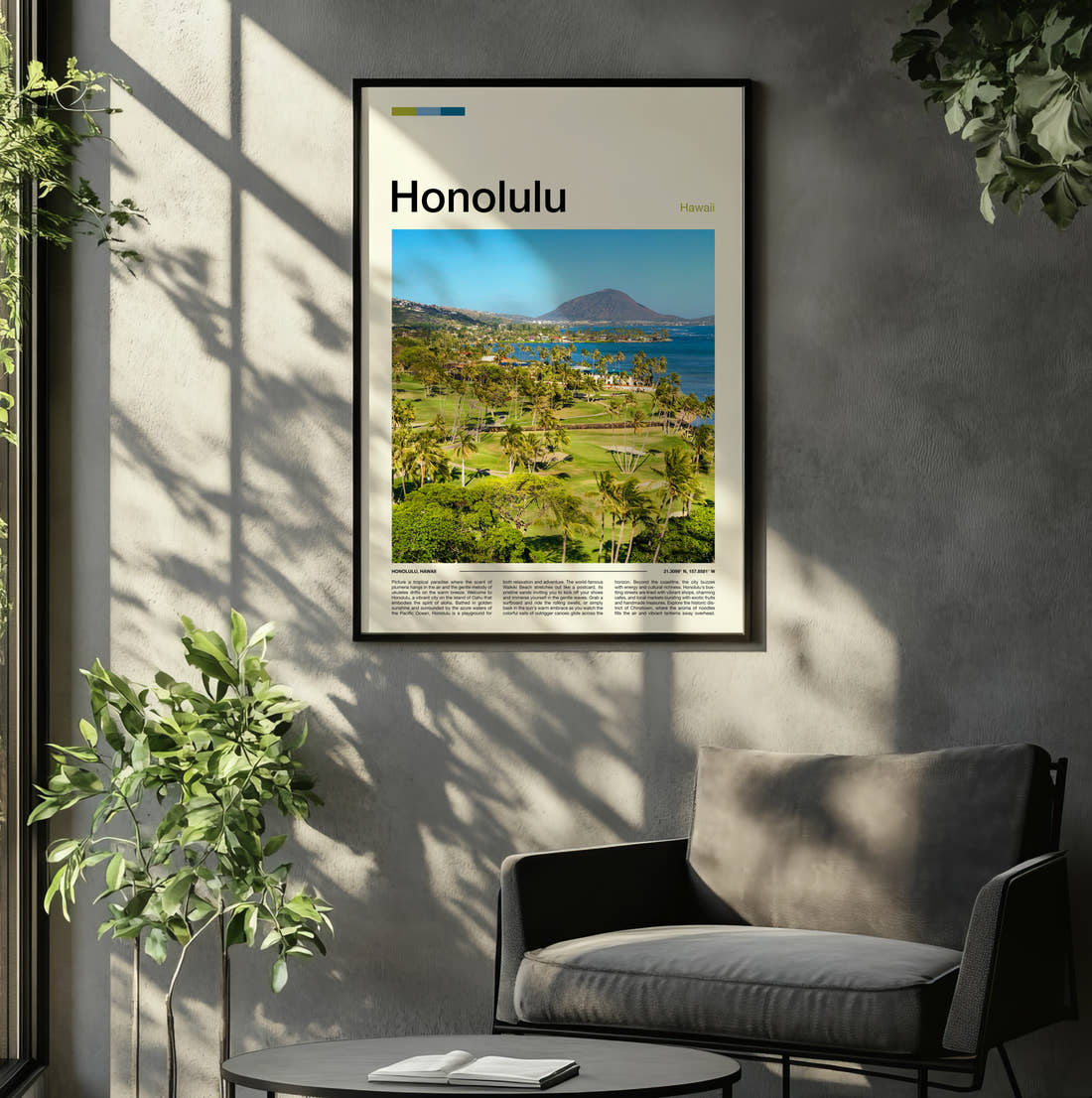 Honolulu Koko Head Crater Travel Print framed on the wall of a relaxed living room