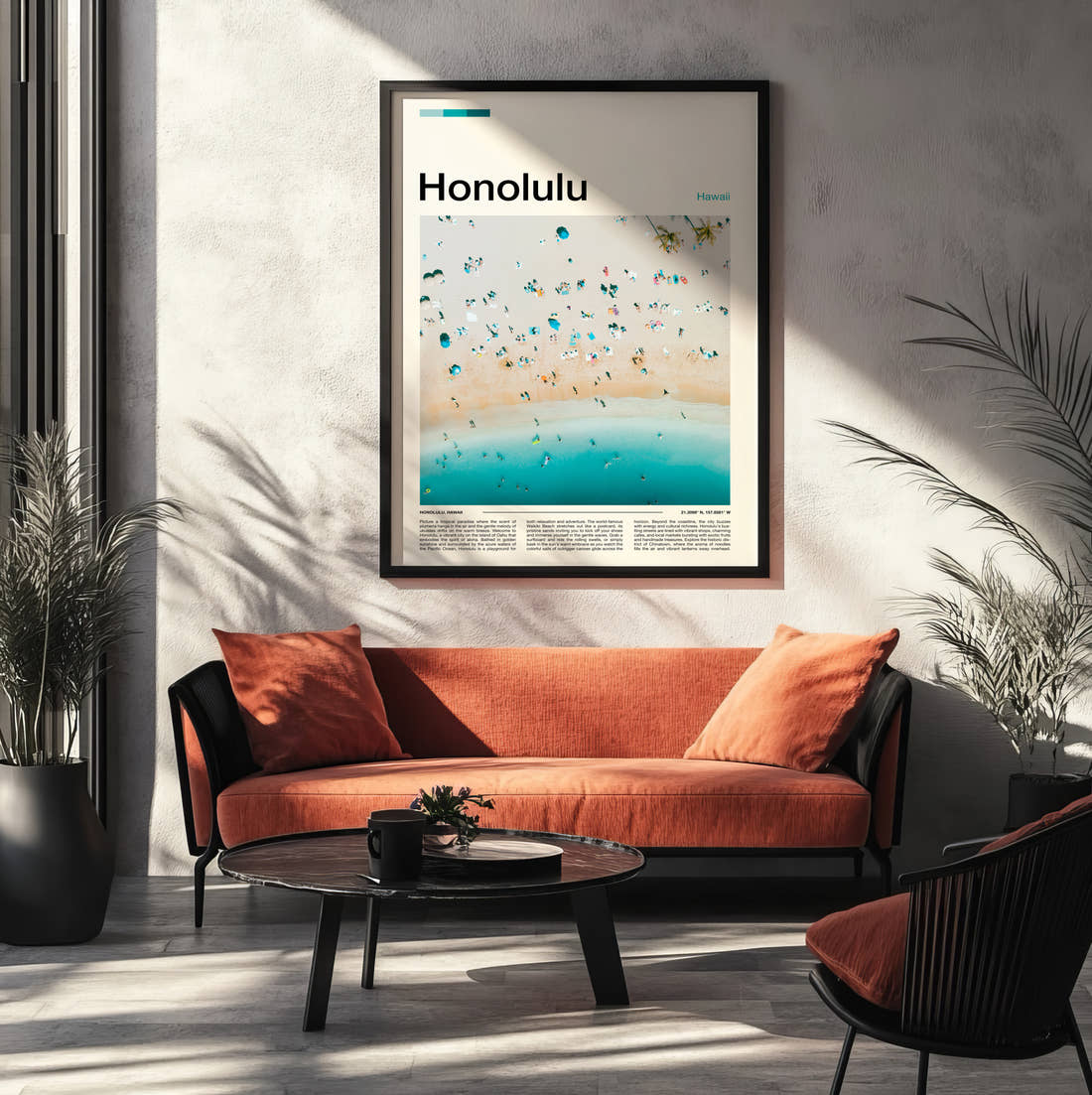 Honolulu Beach Umbrellas From Above Travel Print framed on the wall of a modern living room