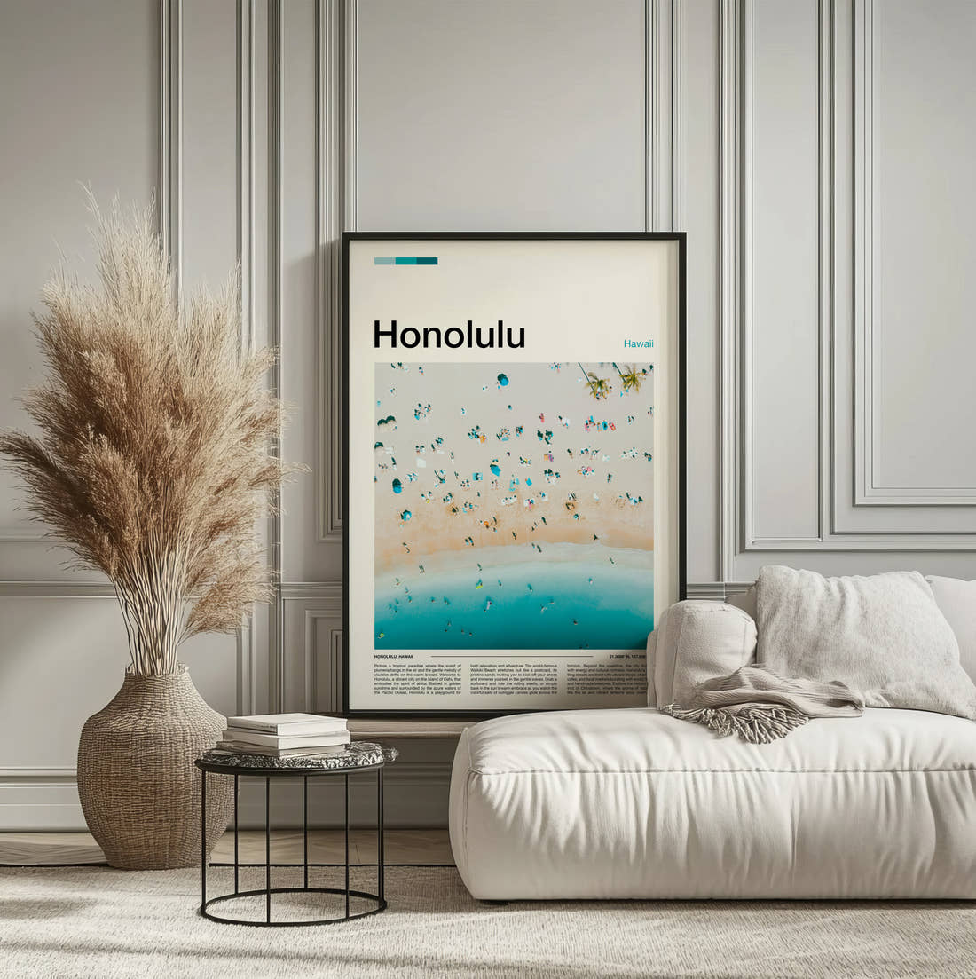 Honolulu Beach Umbrellas From Above Travel Print framed on the wall of a calm, neutral bedroom