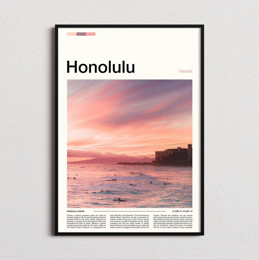 Honolulu Sunset Over The Ocean Travel Print framed and photographed straight on