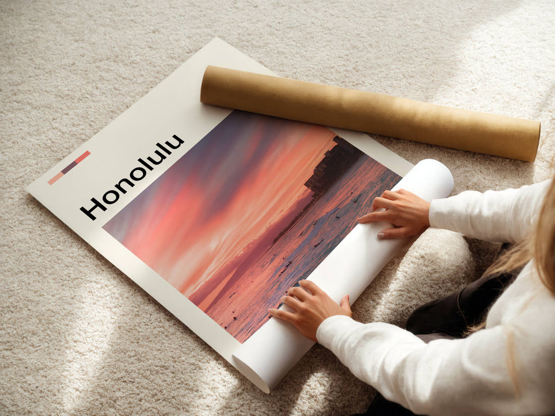 Honolulu Sunset Over The Ocean Travel Print being unrolled from its postal tube