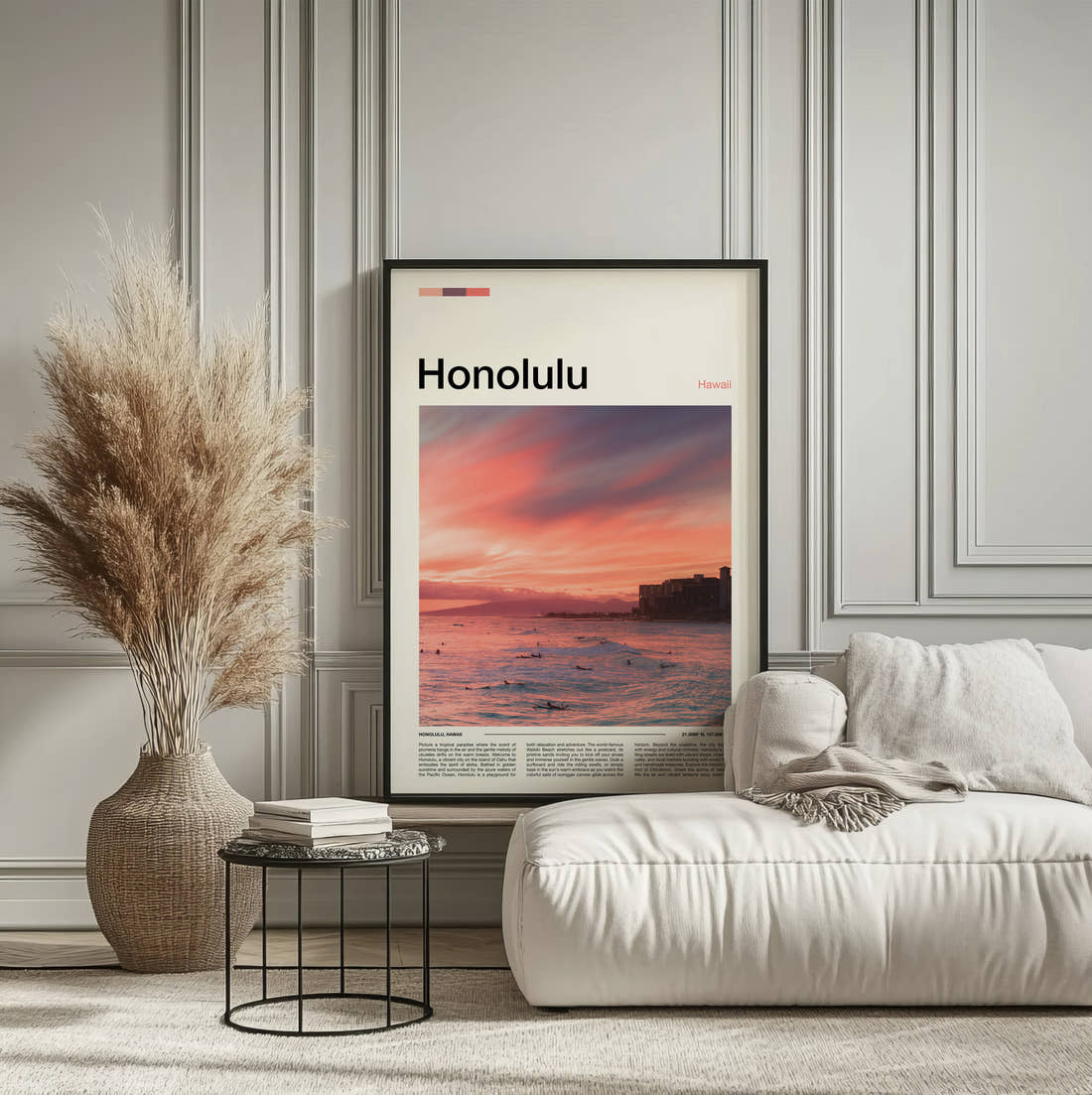 Honolulu Sunset Over The Ocean Travel Print framed on the wall of a calm, neutral bedroom