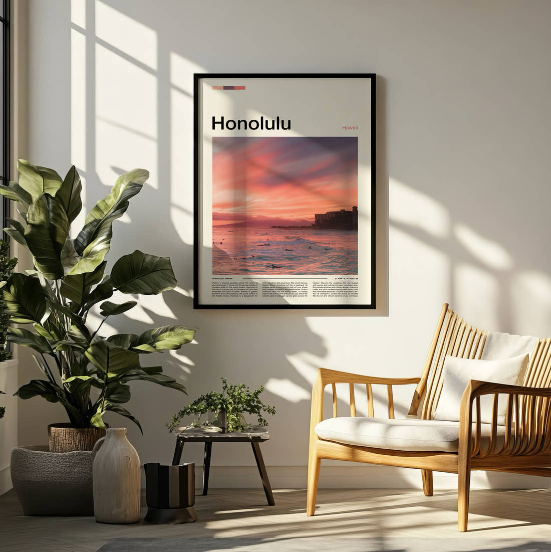 Honolulu Sunset Over The Ocean Travel Print framed on a pale wall beside houseplants
