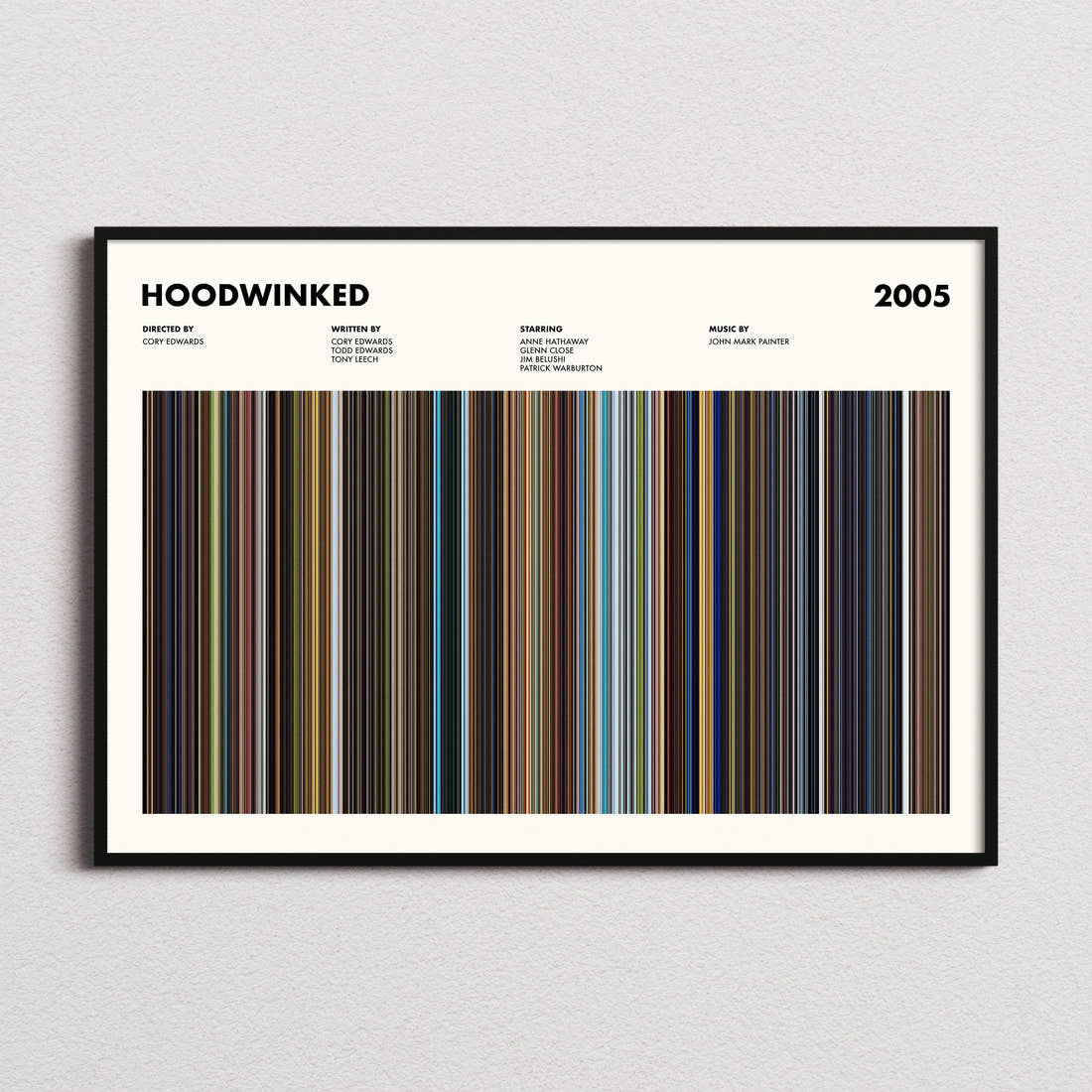 Hoodwinked Movie Barcode Poster framed and photographed straight on